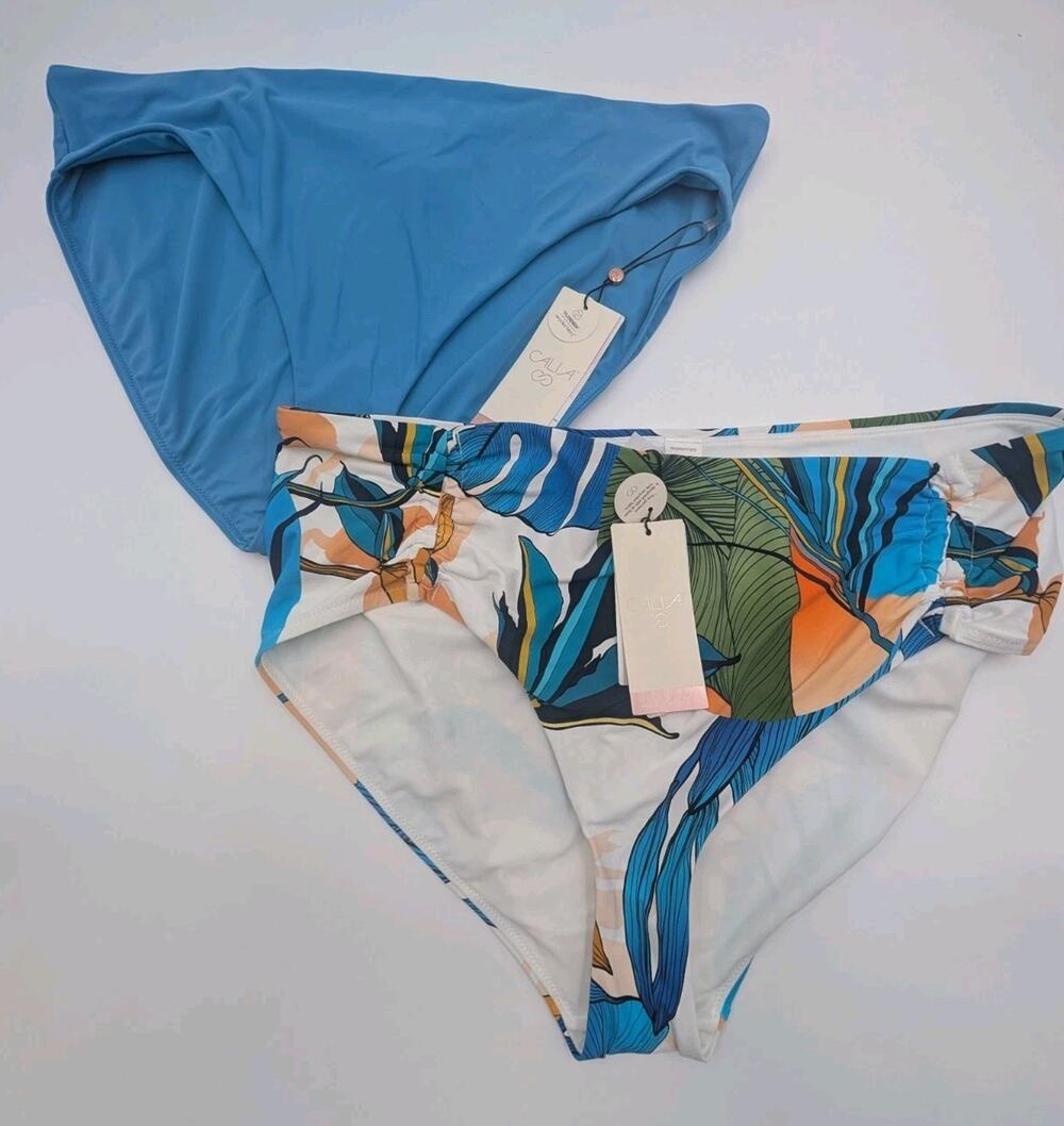 2x Calia Bikini Bottoms Women's XXL Tie Front Botanical Print/Tranquil Blue